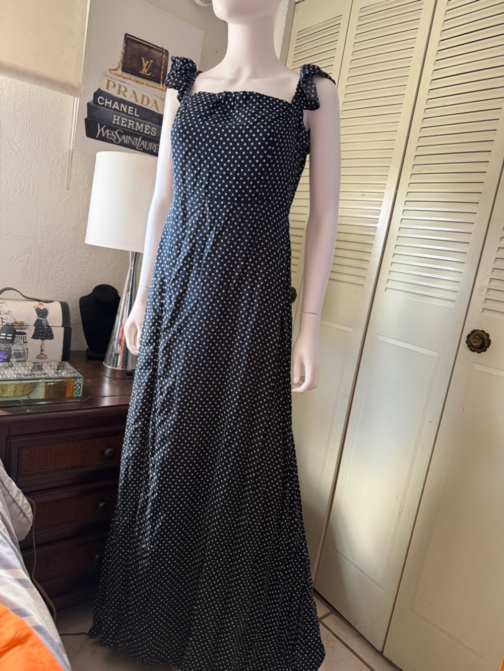 Lulus Navy Blue White Polka Dot Maxi Dress Tie Strap Rayon Flowy Size XL